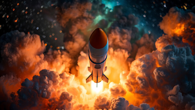 Powerful rocket launch ignites the night sky with fiery exhaust and cosmic nebulae in a spectacular display of space exploration