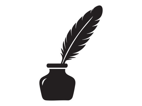 Black silhouette of a feather quill in ink pot on white background, graphic illustration. concept of writing tool, literature, calligraphy, icon, logo, design element.