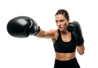 Focused female boxer in black training gear delivering a powerful jab punch on a clean white display.