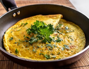 a golden fluffy omelette being lifted from the pan garnished with fresh herbs creating a warm and inviting meal