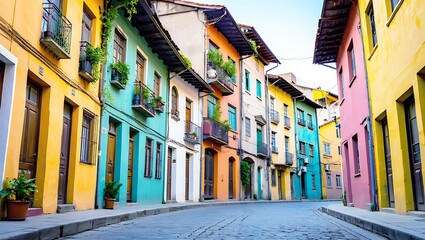 Fototapeta premium Vibrant colonial street lined with colorful historic buildings and cobblestone pavement under a bright sky