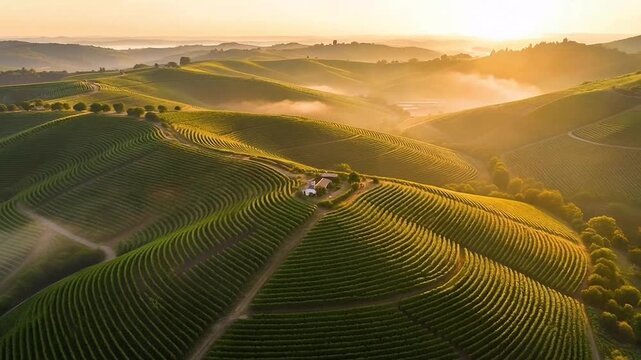 Aerial drone bird's eye view video of Sunrise over rolling vineyards in the Douro Valley. Cinematic Aerial View Morning Fog Landscape in 4K