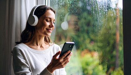 Woman with modern smartphone and headphones at home, 300 dpi, widescreen 16:9, with free space for text
