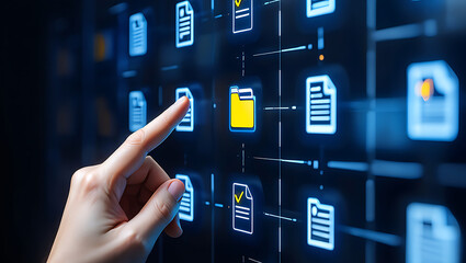 Human finger touching a glowing yellow battery icon on a futuristic digital interface displaying various data files and connections