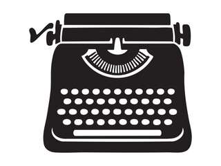 Black silhouette of vintage typewriter isolated on white background, graphic illustration. concept of writing, literature, retro technology, icon, logo, design element