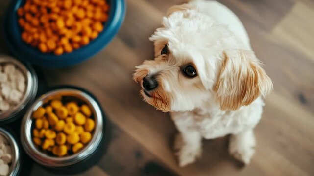 Small white dog gazing up near food bowls on wooden floor