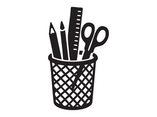 Black silhouette of pencil holder with scissors, ruler, and pencil, isolated on white background. concept of office supplies, stationery, desk organization, icon, design element