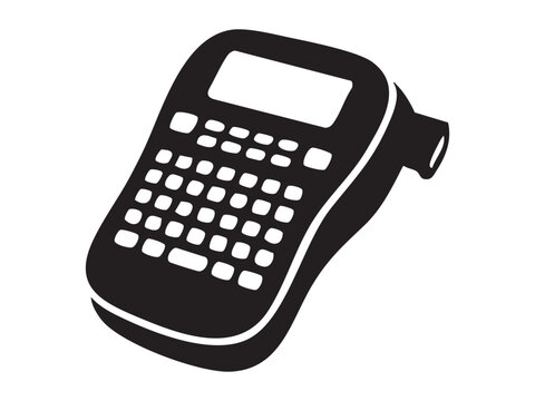 Black silhouette of label maker machine with keyboard on white background. concept of office equipment, printing device, design element, productivity, workspace icon