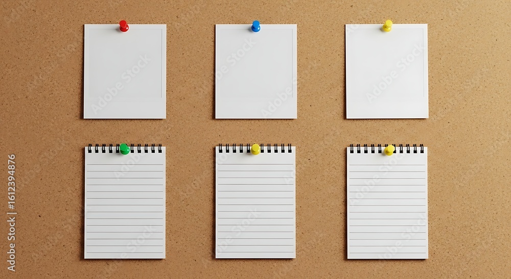Poster cork board with colorful push pins holding blank notes and a notepad