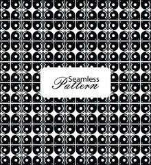 Seamless pattern of black and white geometric shapes featuring semi circles dots and lines