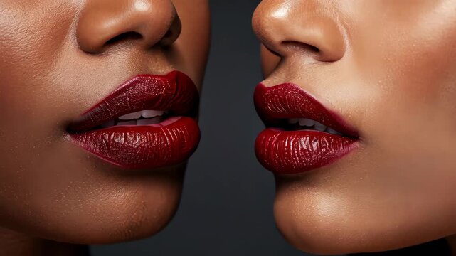 Red Lips Whispering: Close-up shot showcasing the sensual beauty of two women's lips, painted with vibrant red lipstick. A captivating glimpse into a world of secrets and shared whispers.