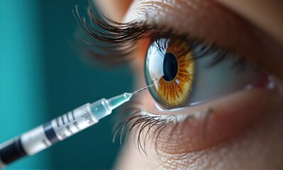 Close-up of a human eye receiving an injection near the conjunctiva.  The procedure appears to be ophthalmologic.