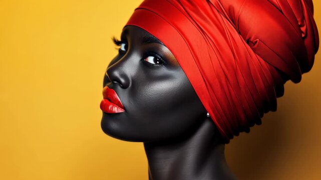 Radiant Portrait: An exquisite African woman with ebony skin, vibrant red lips, and a matching head wrap, embodying regal elegance against a warm, golden backdrop.
