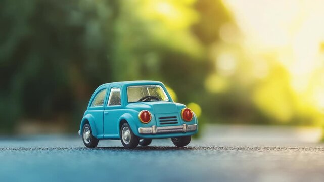Small blue toy car on sunlit road