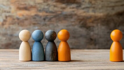 Four wooden figures stand together on surface