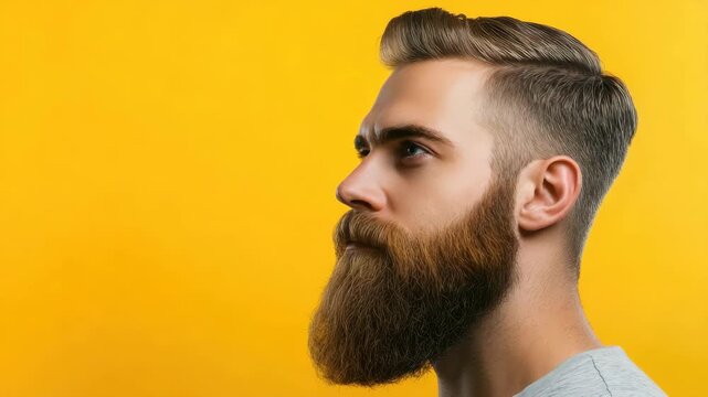 Side profile of bearded Caucasian male against yellow background