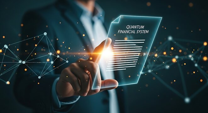 QFS whitepaper concept. Hand touching a holographic document titled "Quantum Financial System," representing the principles of a new economy.