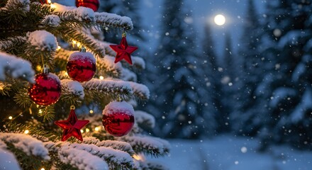 Magical snowy night with glowing Christmas tree adorned with red ornaments and stars, creating a festive, enchanting holiday atmosphere.