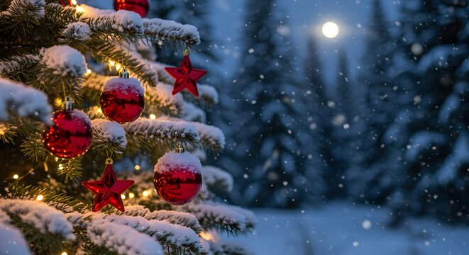Magical snowy night with glowing Christmas tree adorned with red ornaments and stars, creating a festive, enchanting holiday atmosphere.