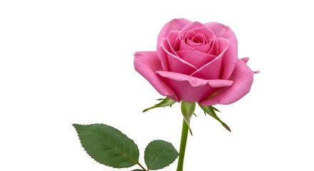 Stunning pink rose with delicate petals and green leaves on a clean white background, symbolizing love and beauty.