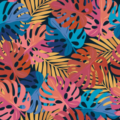 Botaniczny wzór z liśćmi monstery. Tropikalny wzór wektorowy. © Monika