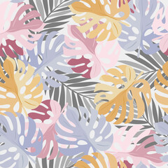 Subtelny roślinny motyw z tropikalnymi liśćmi. Bezszwowy wektorowy wzór. © Monika