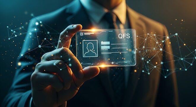 QFS digital identity concept. A clean, holographic ID card with verified user information for the secure Quantum Financial System.