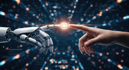 Convergence of artificial intelligence and human touch in a futuristic landscape with data streams