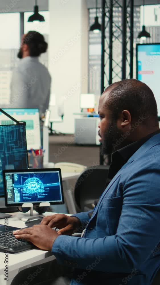 Poster vertical video professional advisor reviewing kpi reports with artificial intelligence tools on comp