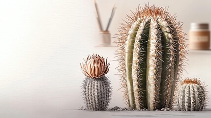 Botanical Illustration, Pen And Ink, Traditional, Intricate Design of Cacti Planted in a Modern Indoor Setting