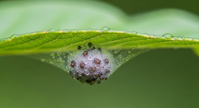 Spider egg sac with tiny spiderlings and water droplets attached underneath green leaf surface with visible leaf veins macro photography