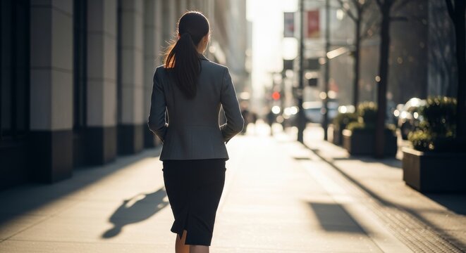 Asian businesswoman in dark suit walking away on urban city sidewalk during golden hour sunlight with modern buildings and blurred background