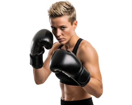 A focused and athletic female boxer in black gloves poses defiantly, exuding power.