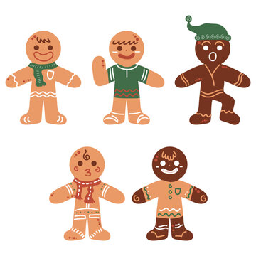 Handdrawn Festive Gingerbread Man Characters Illustration for Winter and Christmas Holiday