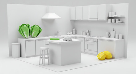 Fototapeta premium Stunning minimalist kitchen scene with fresh ingredients, perfect for culinary inspiration and modern home design.