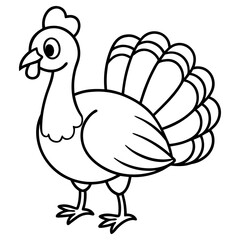 Vector art of a cute black and white line drawing of a cartoon turkey isolated on white background for thanksgiving