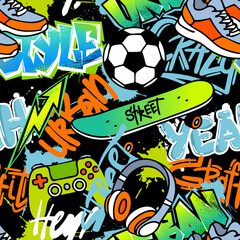 Seamless street art pattern with sneakers, skateboard, graffiti text, soccer ball, game controller, and headphones. Design for active youth culture, sports, and gamer lifestyle themes.