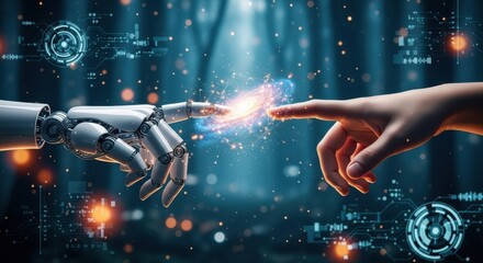 Humanity and artificial intelligence converge, a spark of consciousness igniting between organic