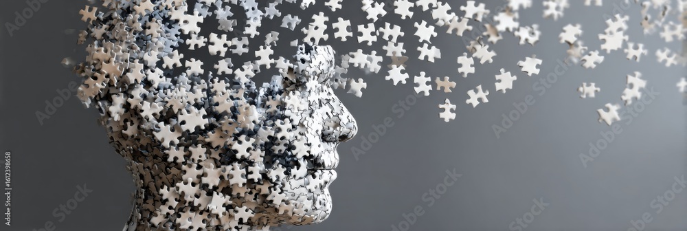 Aufkleber floating puzzle pieces around head illustrate the concept of intellect gradually forming in a creati