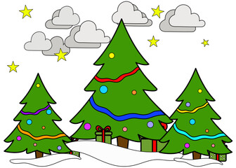 Festive vector illustration of decorated Christmas trees with gifts, snow, stars, and clouds. Bright and cheerful winter holiday scene, ideal for greeting cards, posters, or seasonal designs.