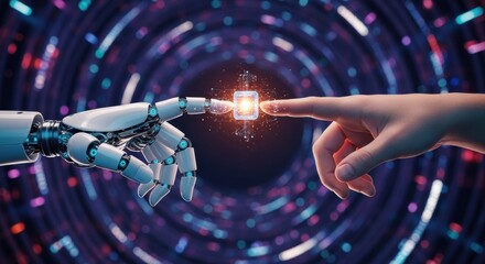 Human and robotic hand touching a glowing digital cube in a futuristic backdrop, representing
