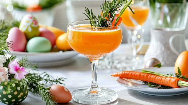 Vibrant easter brunch table with fresh juice, colorful eggs, and decorated carrot garnishes