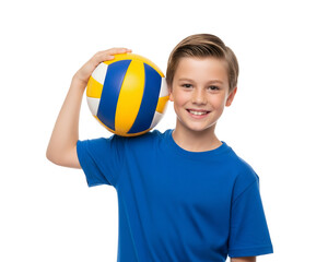 A cheerful young boy in a blue shirt holds a colorful volleyball, smiling happily at the camera.