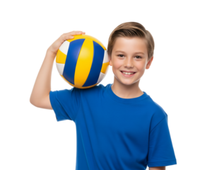 A cheerful young boy in a blue shirt holds a colorful volleyball, smiling happily at the camera.