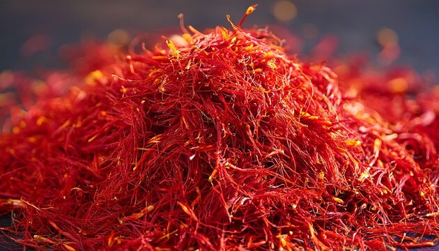 pile of vibrant red saffron threads close up view