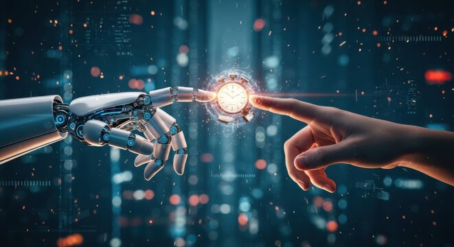 Human and machine interaction concept symbolizing future technology advancements for a connected