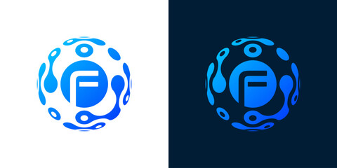 letter f logo design with globe technology, for technology, monogram, data and computers