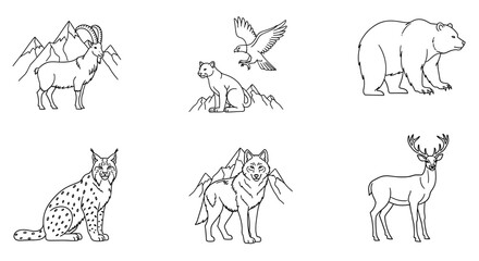 Outlined mountain animals including ibex, eagle, lynx, wolf, deer, bear, and mountain lion are displayed