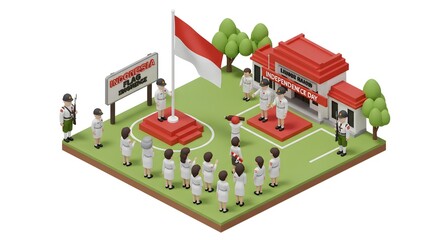 A 3D isometric illustration of a patriotic Indonesian flag-raising ceremony at a schoolyard with students and teachers