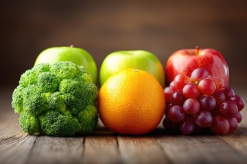 Colorful fruits and vegetables arranged on a wooden surface.